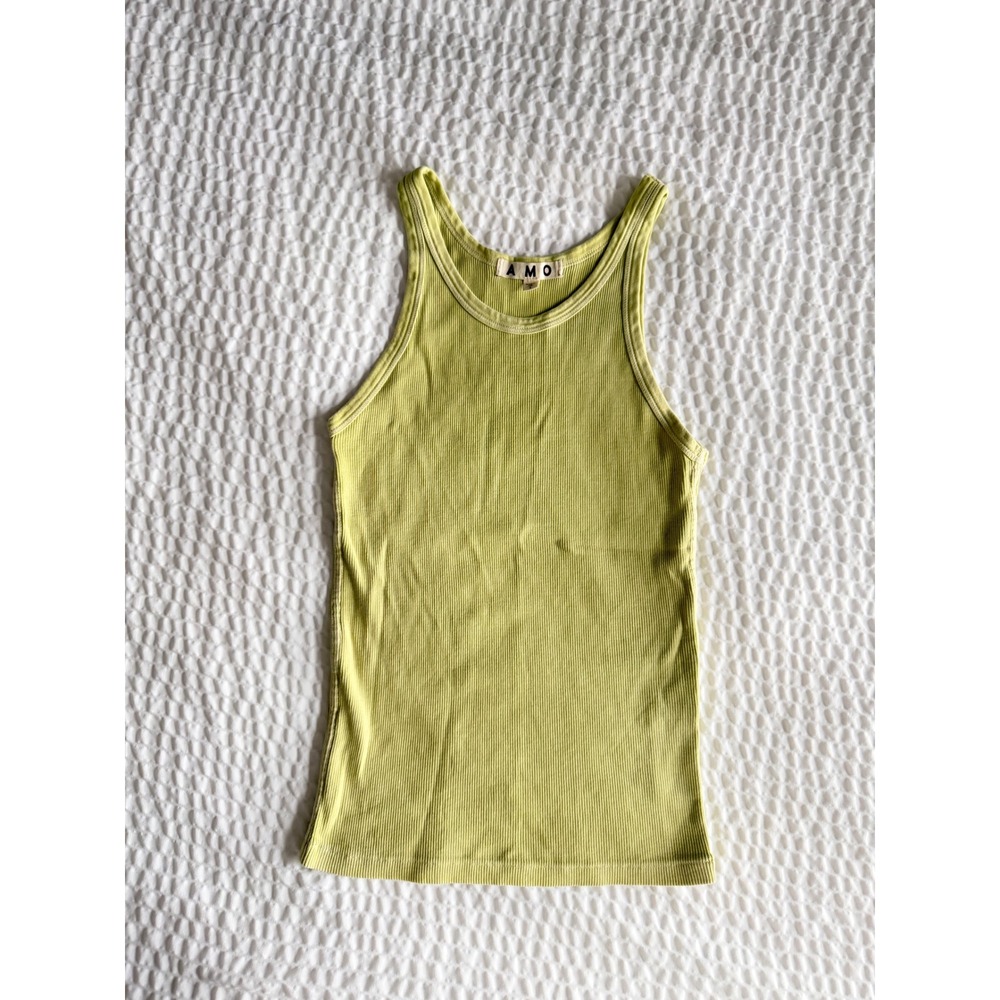 AMO Chartreuse Citrine Scoop Neck Ribbed Cotton Tank Top S Made in USA